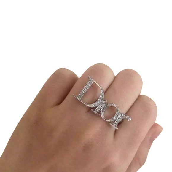Dior Monogram Silver Logo Diamanté Spelled Out Double Finger Ring - Picture 8 of 16